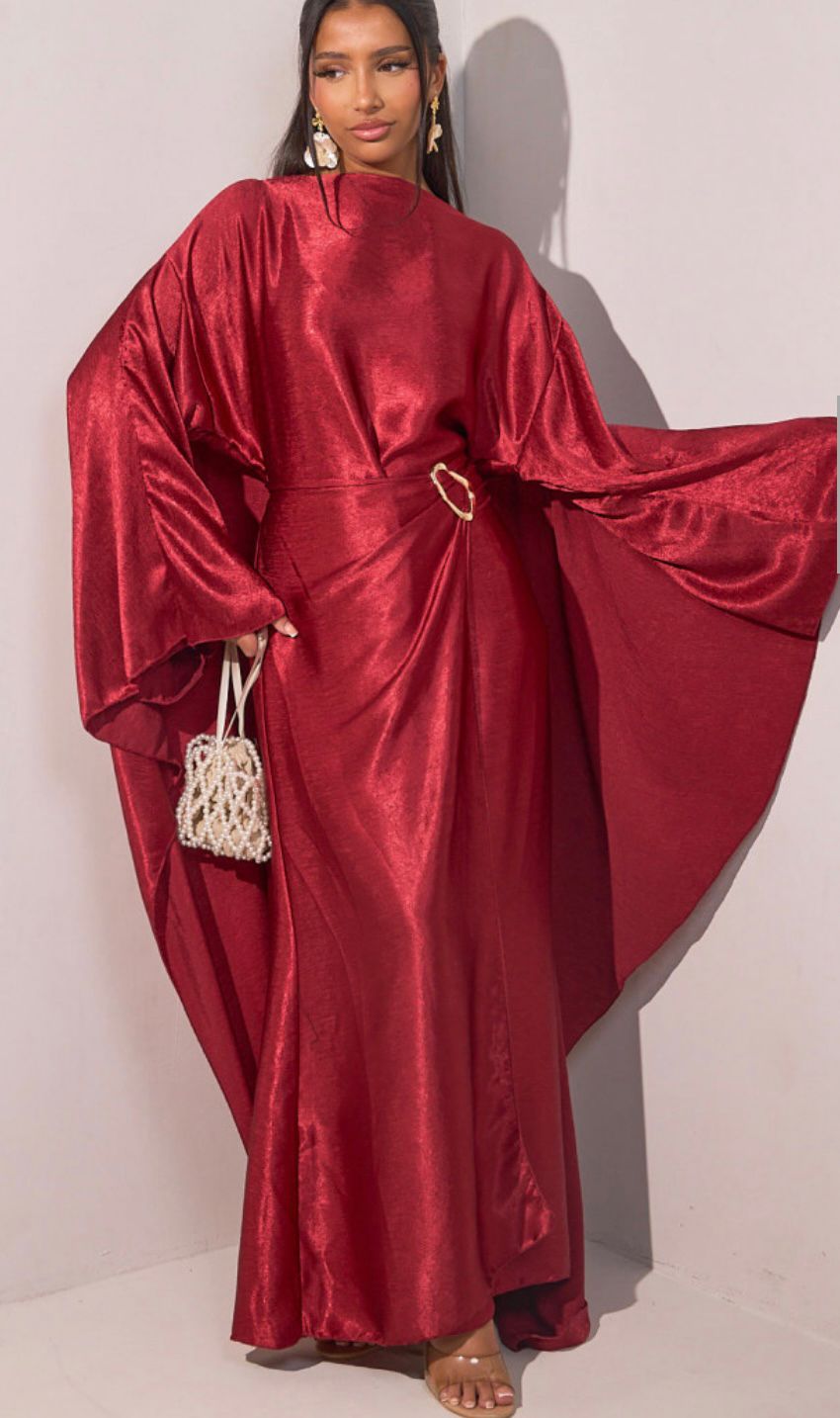 Alayza Premium crushed satin gold buckle cape dress with arms covered