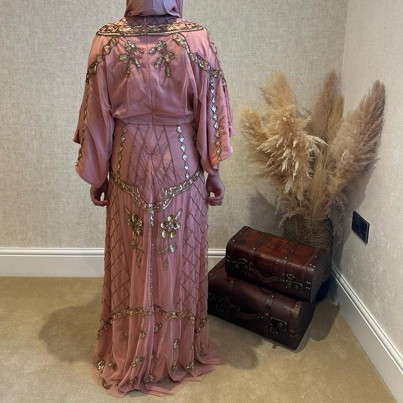 Vintage Formal Maxi Dress with Rose Gold Embellishments and Batwing Sleeves