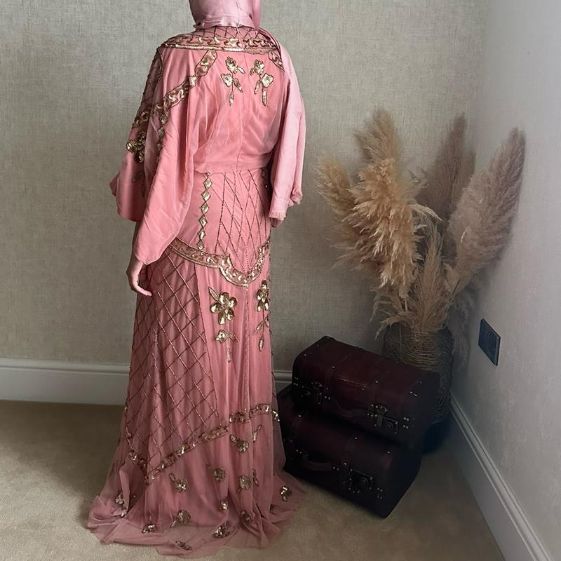 Vintage Formal Maxi Dress with Rose Gold Embellishments and Batwing Sleeves