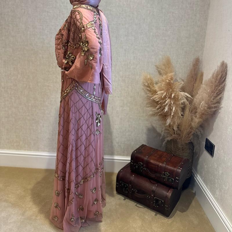 Vintage Formal Maxi Dress with Rose Gold Embellishments and Batwing Sleeves