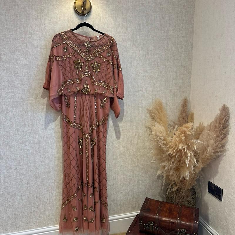 Vintage Formal Maxi Dress with Rose Gold Embellishments and Batwing Sleeves
