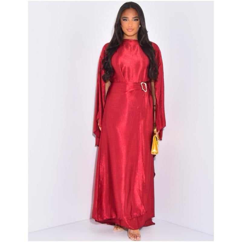 Premium Crushed Satin Gold Buckle Cape Dress