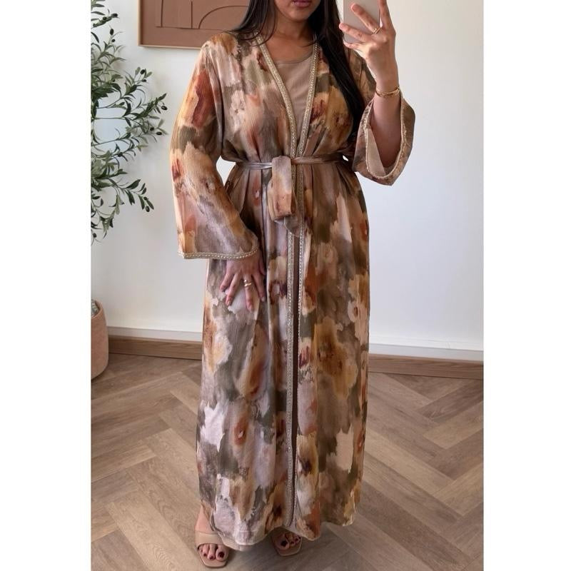 Tie Dye Print Embellished Open Abaya with Inside slip and Waist Belt