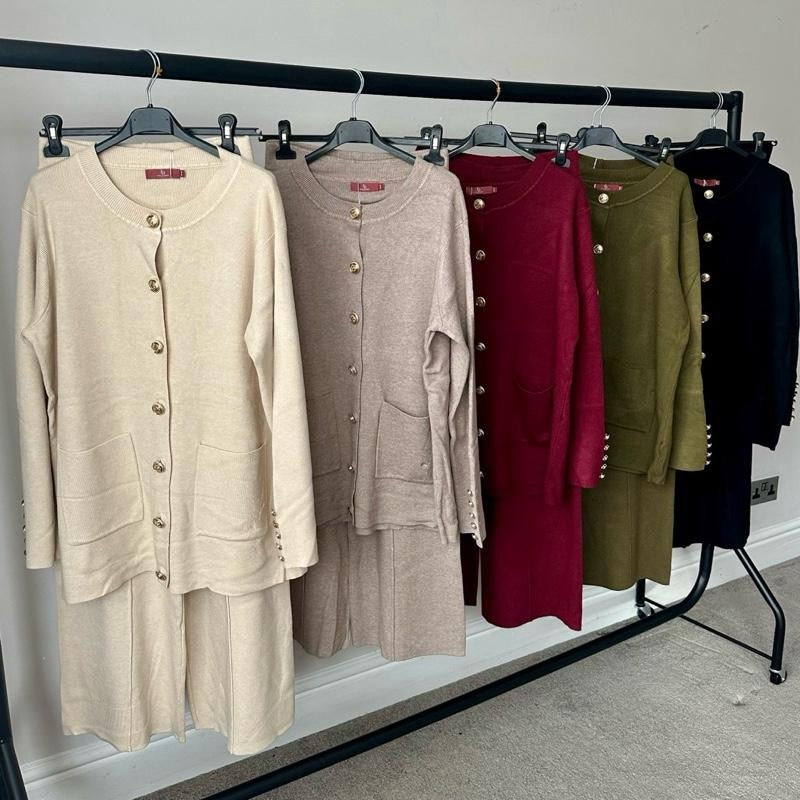 Aminah Premium Button Coord with Pleated Trousers in Soft Knitwear