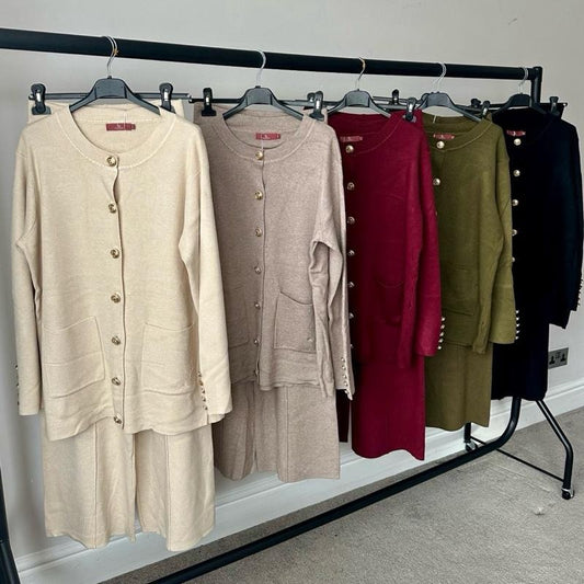 Aminah Premium Button Coord with Pleated Trousers in Soft Knitwear