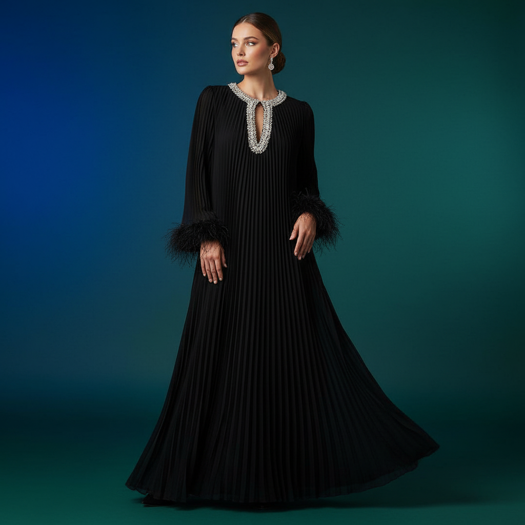 Zeina  Elegant  Diamanté Pleated  Chiffon Formal Dress