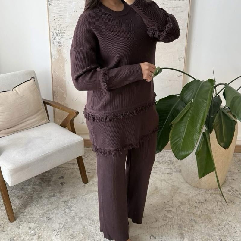 Hannah Frayed Edge Premium Knit Coord - Soft Ribbed Knitwear Set