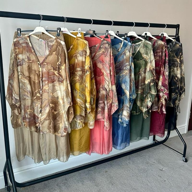 Gold Marble Print and Plain Chiffon Silk Coord Sets