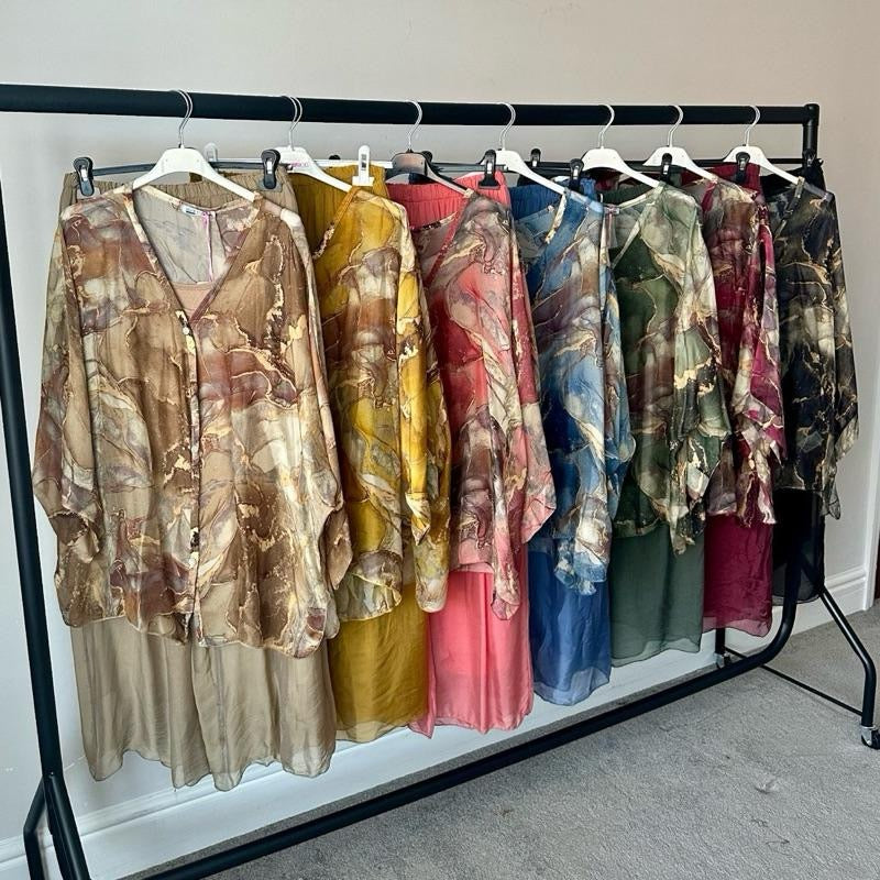 Gold Marble Print and Plain Chiffon Silk Coord Sets