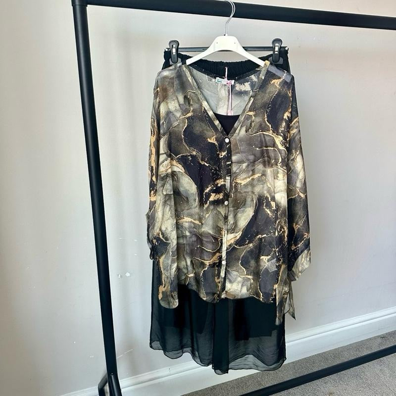 Gold Marble Print and Plain Chiffon Silk Coord Sets