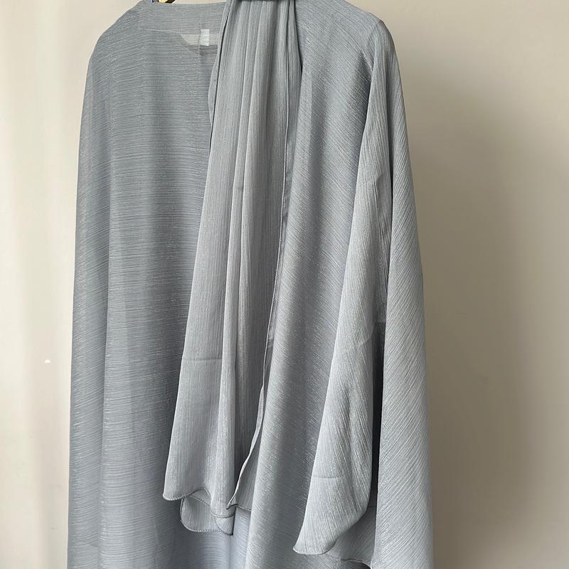 Elegant Sheer Sparkly Grey Abaya Set with Open Style Cape, Cuff Sleeves, and Satin Inner