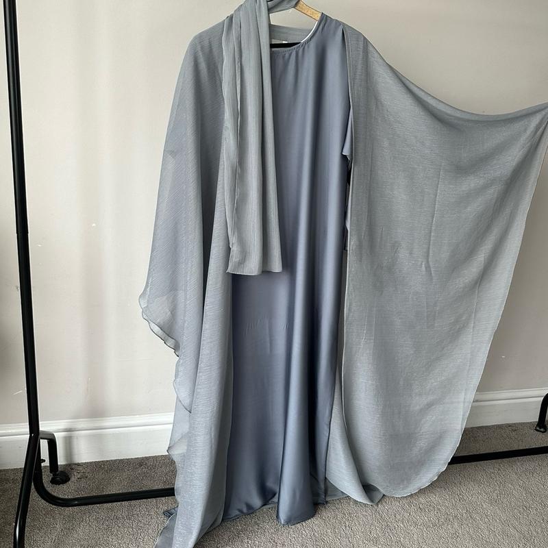 Elegant Sheer Sparkly Grey Abaya Set with Open Style Cape, Cuff Sleeves, and Satin Inner