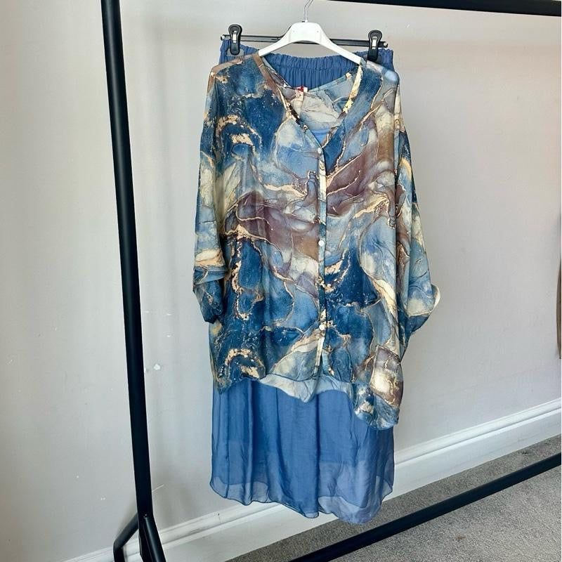 Gold Marble Print and Plain Chiffon Silk Coord Sets