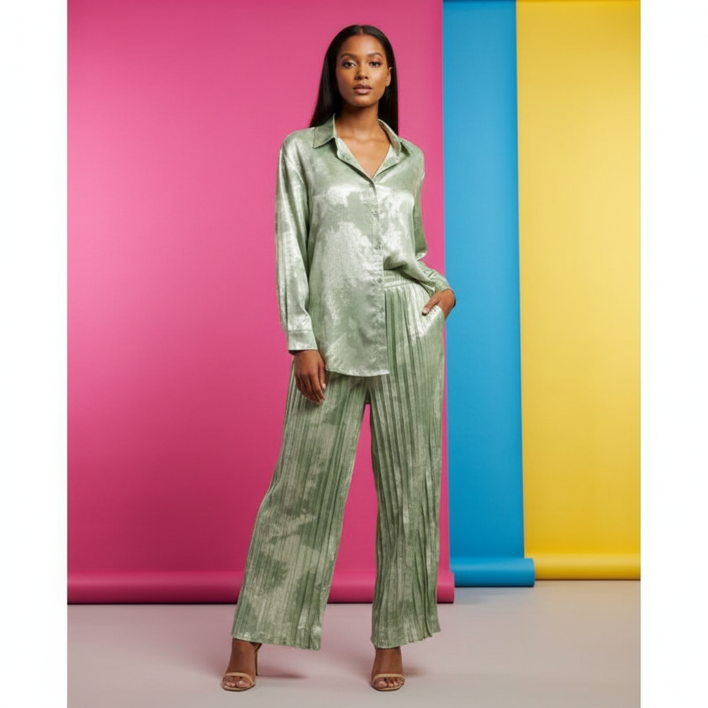 Shimmer two toned Effect Occasional Silky Top and Pleated Trouser Set