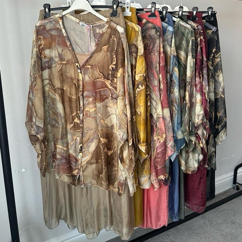 Gold Marble Print and Plain Chiffon Silk Coord Sets