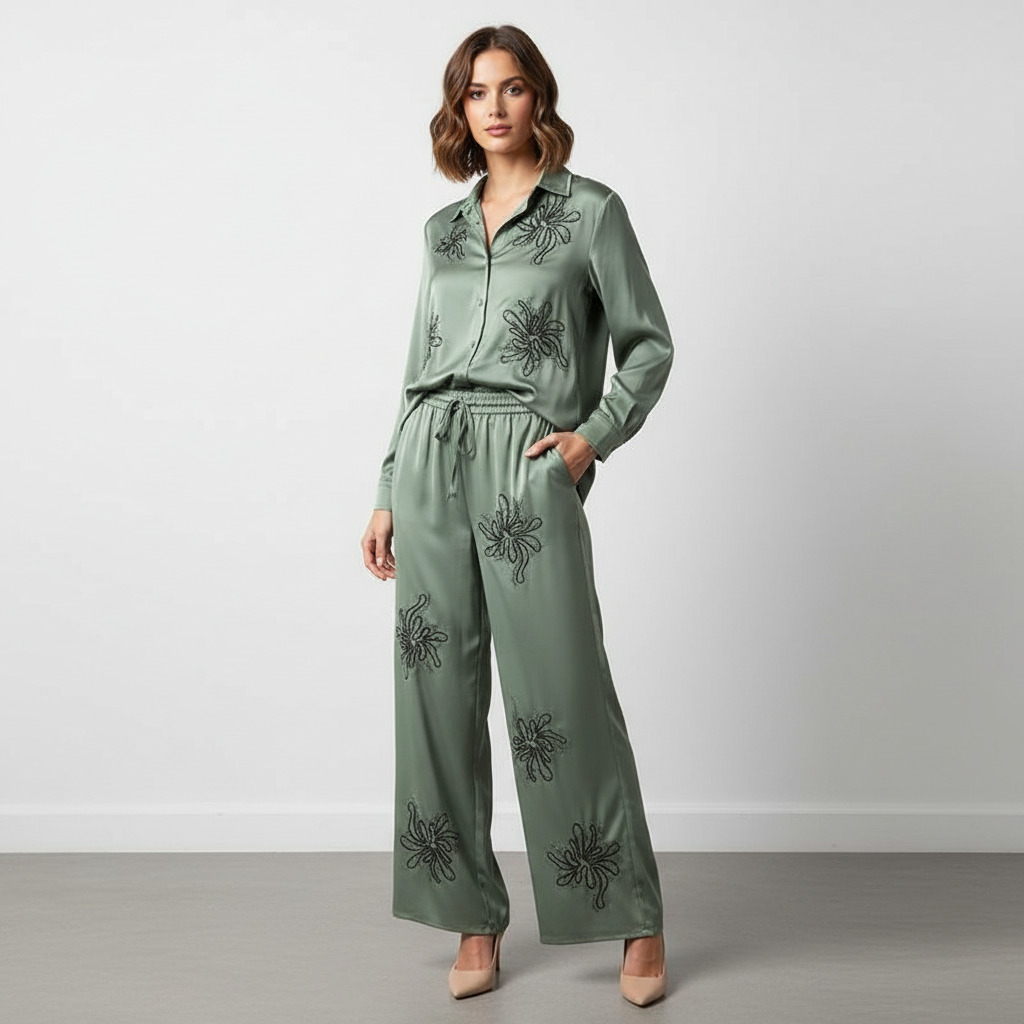 Sequin Embellished Satin CoOrds Top and Trouser Suit with Drawstring & Drawstring