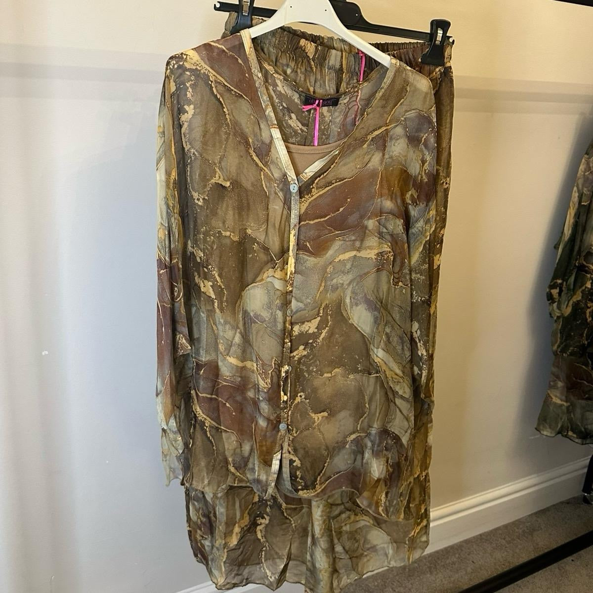 Marble Print Top & Pants Silk Chiffon Matching Coord Set - Elegant Clothing