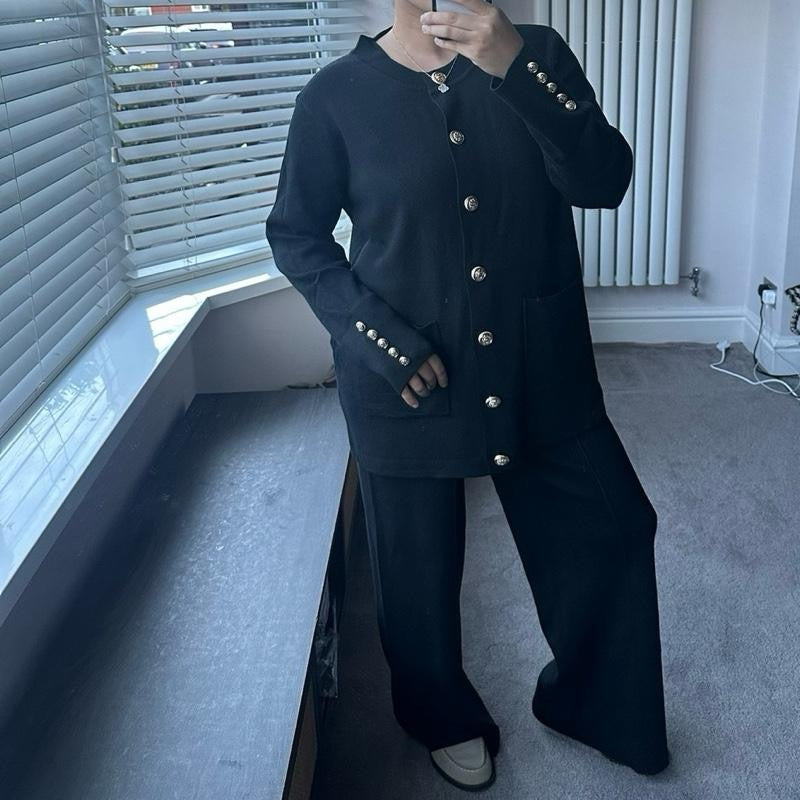 Aminah Premium Button Coord with Pleated Trousers in Soft Knitwear