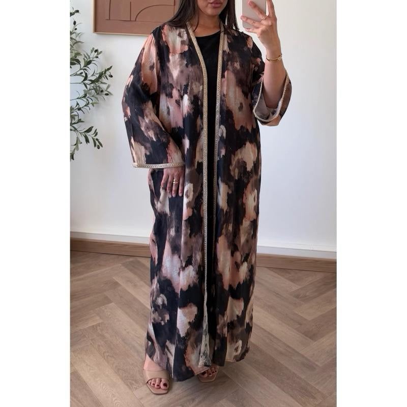 Tie Dye Print Embellished Open Abaya with Inside slip and Waist Belt