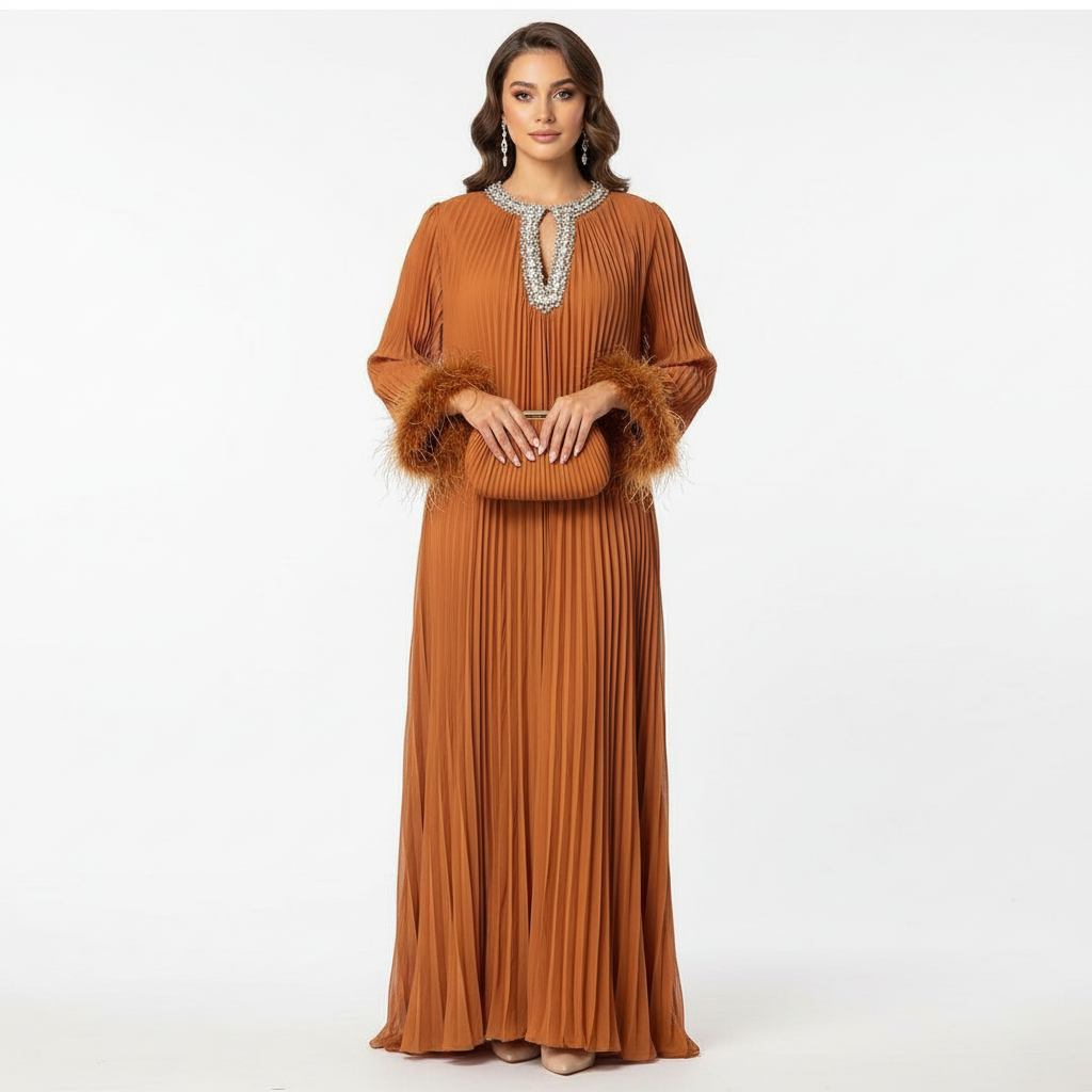 Zeina  Elegant  Diamanté Pleated  Chiffon Formal Dress