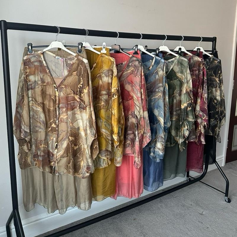 Gold Marble Print and Plain Chiffon Silk Coord Sets