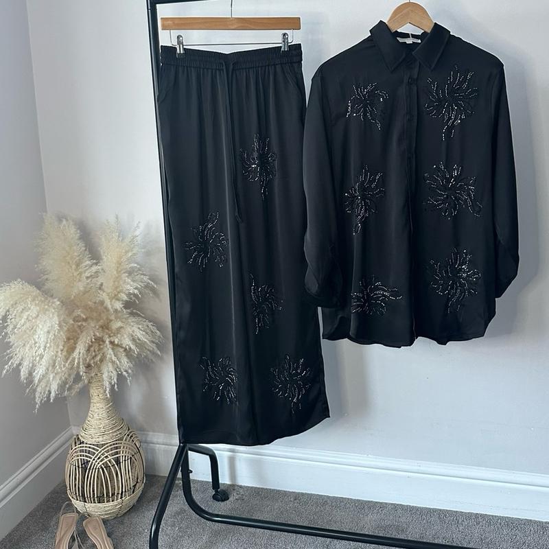 Sequin Embellished Satin CoOrds Top and Trouser Suit with Drawstring & Drawstring