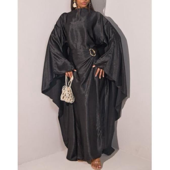 Alayza Premium crushed satin gold buckle cape dress