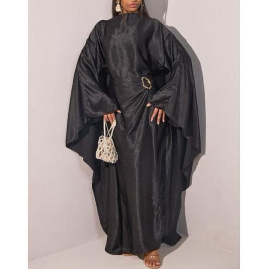 Alayza Premium crushed satin gold buckle cape dress