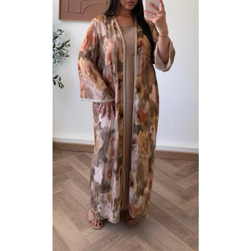 Tie Dye Print Embellished Open Abaya with Inside slip and Waist Belt
