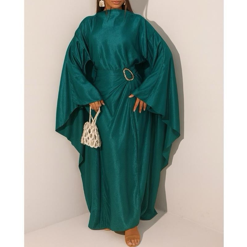 Alayza Premium crushed satin gold buckle cape dress