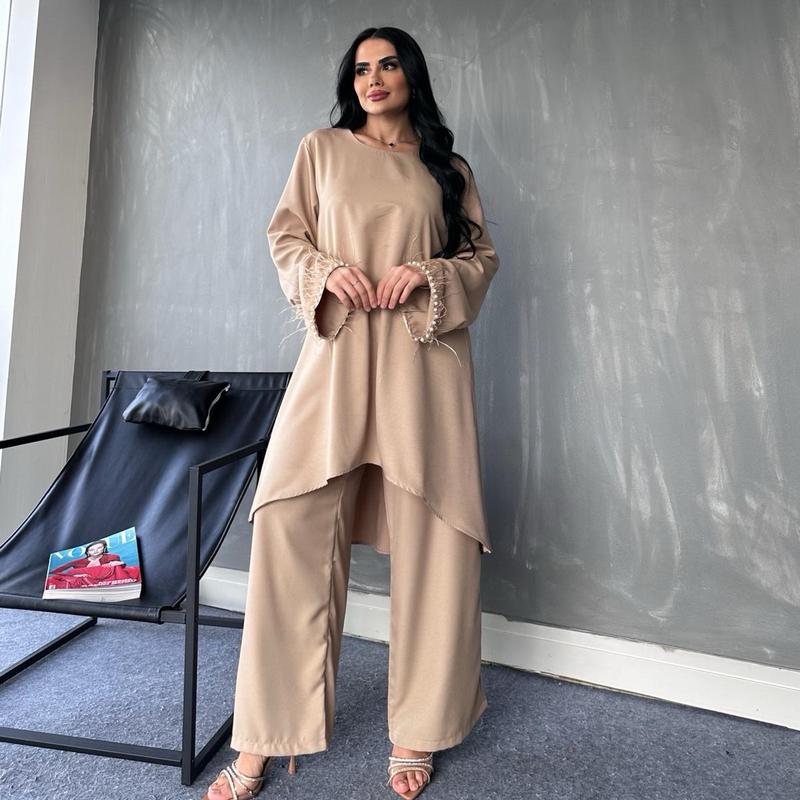 Premium 2 piece modest feather and pearl midi co-ord set