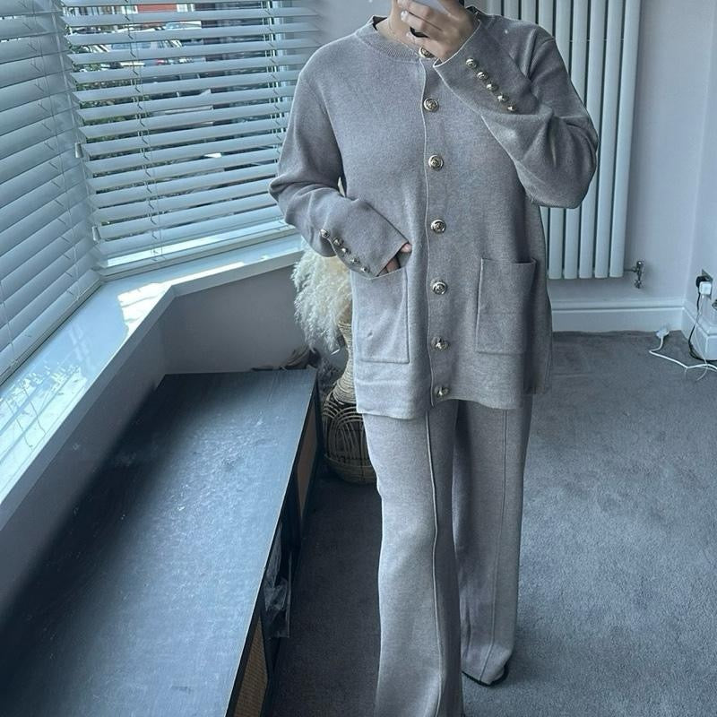 Aminah Premium Button Coord with Pleated Trousers in Soft Knitwear