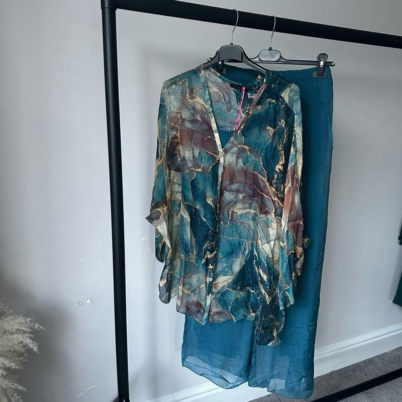 Gold Marble Print and Plain Chiffon Silk Coord Sets