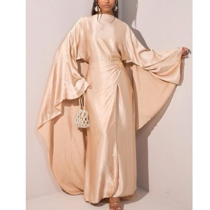 Alayza Premium crushed satin gold buckle cape dress