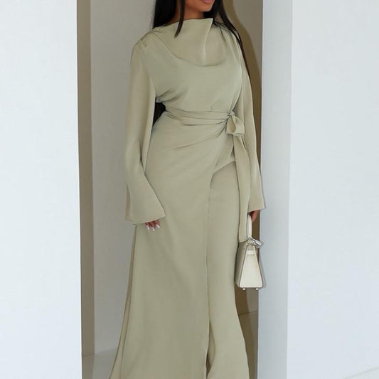 KIKI Side Knot Premium Dress - Elegant Maxi with Bell Sleeves