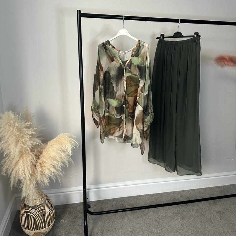 Marble Olive Silk Chiffon Coord with Olive Trousers for Women - Bottom, Womenswear