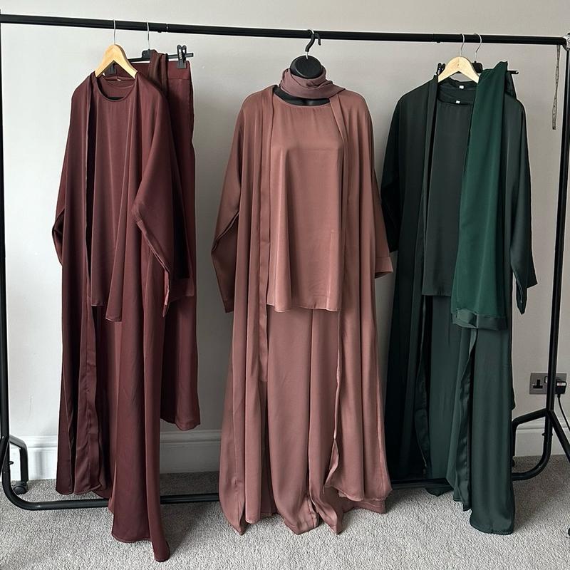 Elegant Satin Abaya Outfit with Matching Pants, Top and Scarf