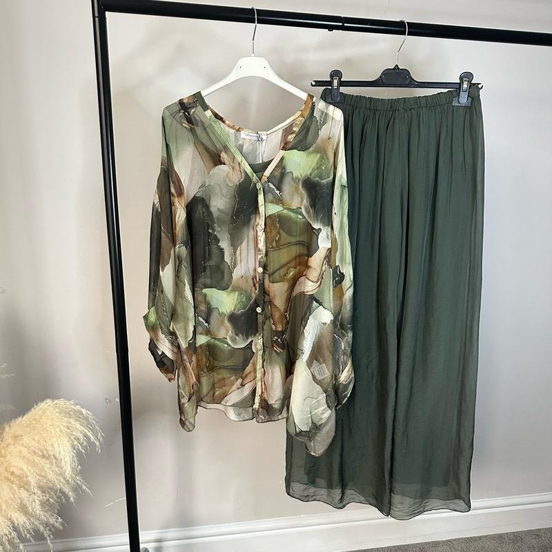 Marble Olive Silk Chiffon Coord with Olive Trousers for Women - Bottom, Womenswear