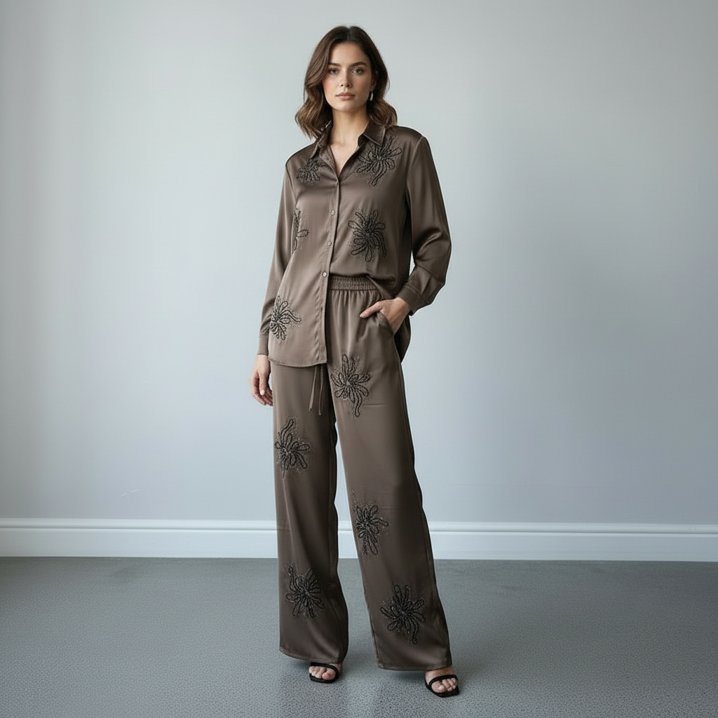 Sequin Embellished Satin CoOrds Top and Trouser Suit with Drawstring & Drawstring