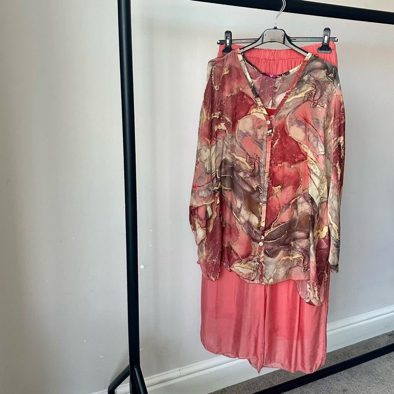 Gold Marble Print and Plain Chiffon Silk Coord Sets