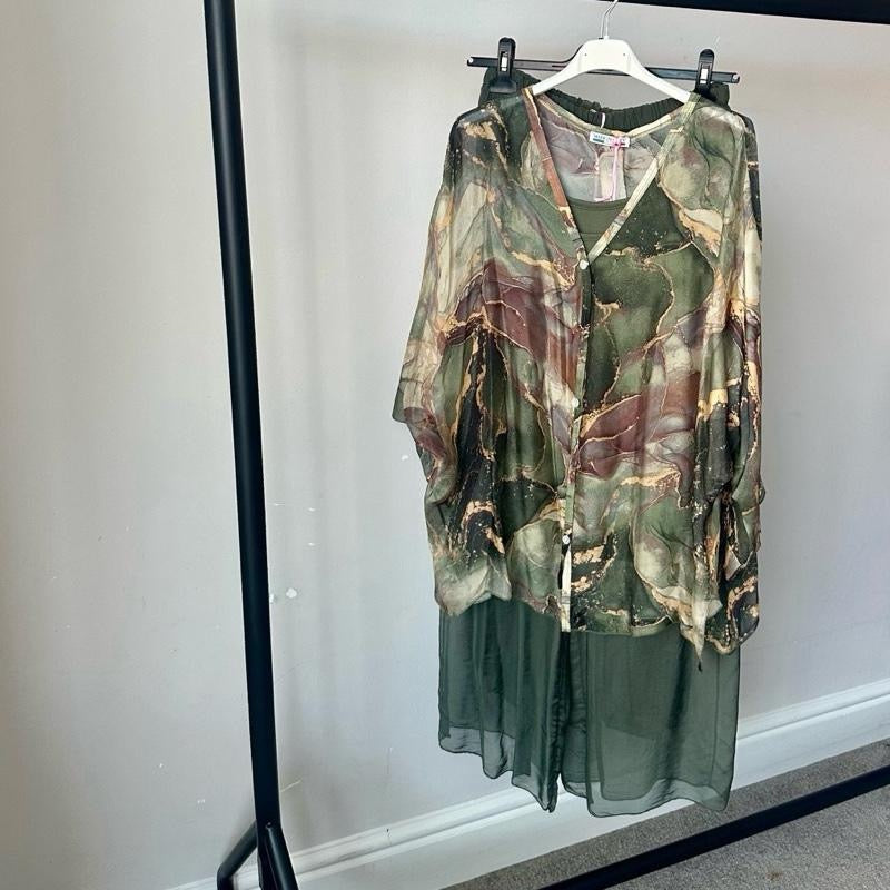 Gold Marble Print and Plain Chiffon Silk Coord Sets