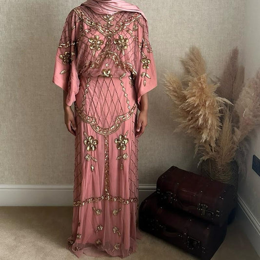 Vintage Formal Maxi Dress with Rose Gold Embellishments and Batwing Sleeves