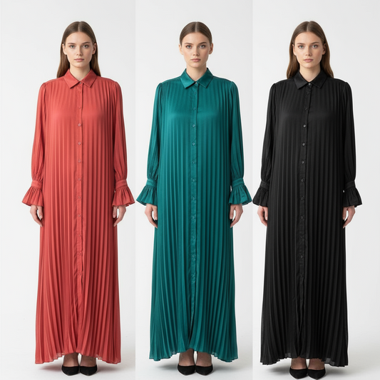 Silky Flowy Pleated Button Down Ruched Sleeve Dresses