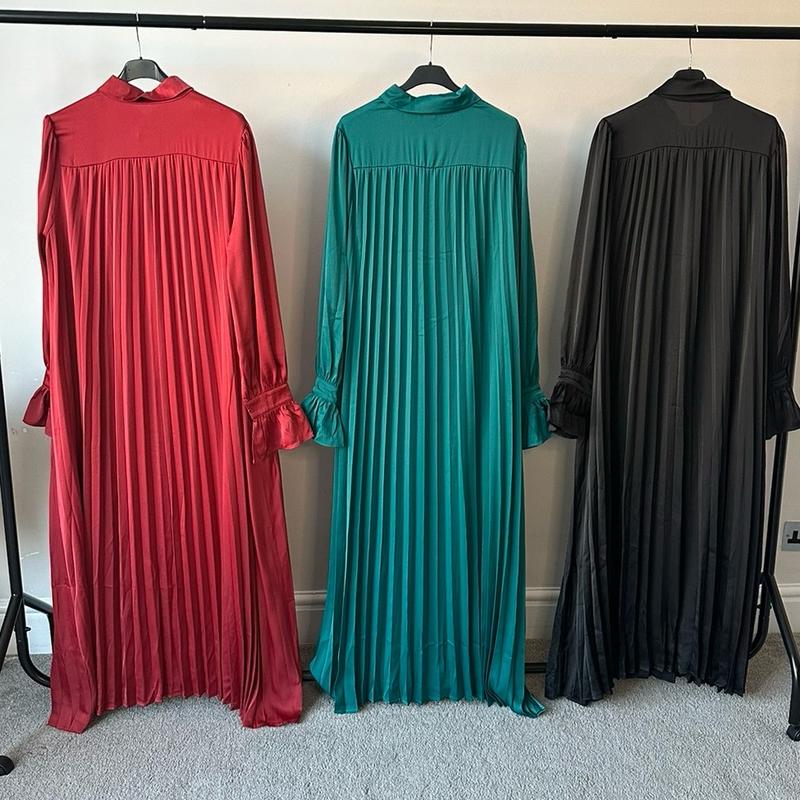 Silky Flowy Pleated Button Down Ruched Sleeve Dresses