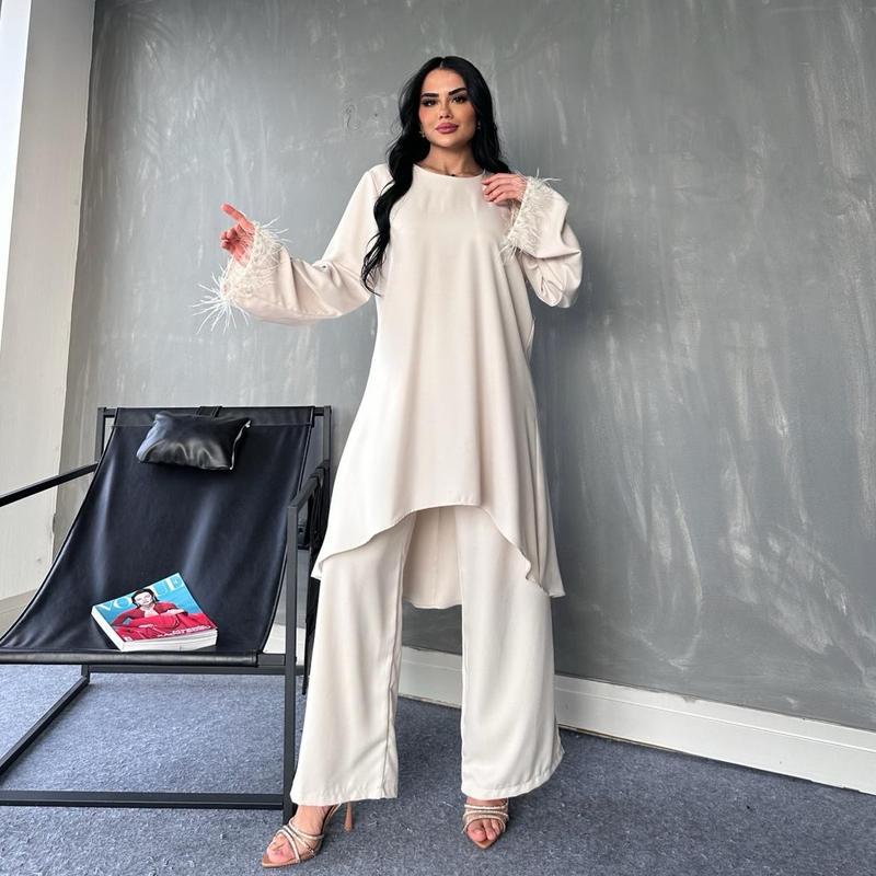 Premium 2 piece modest feather and pearl midi co-ord set