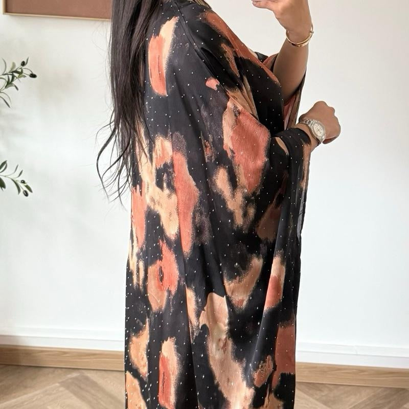 Premium Satin Rhinestone Abaya Kaftan One Tie-Dye