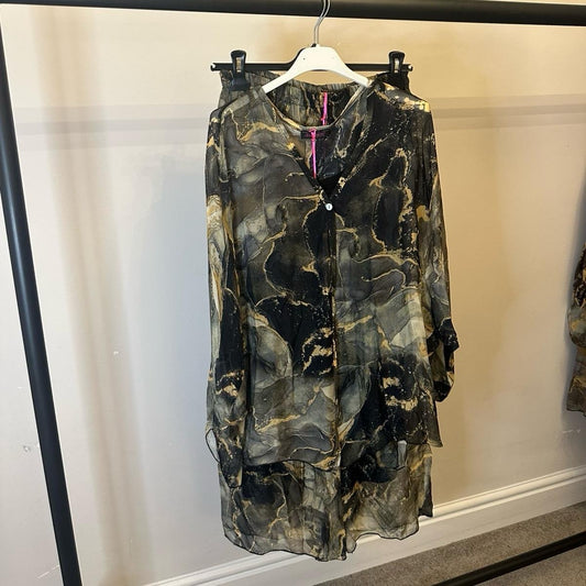 Marble Print Top & Pants Silk Chiffon Matching Coord Set - Elegant Clothing