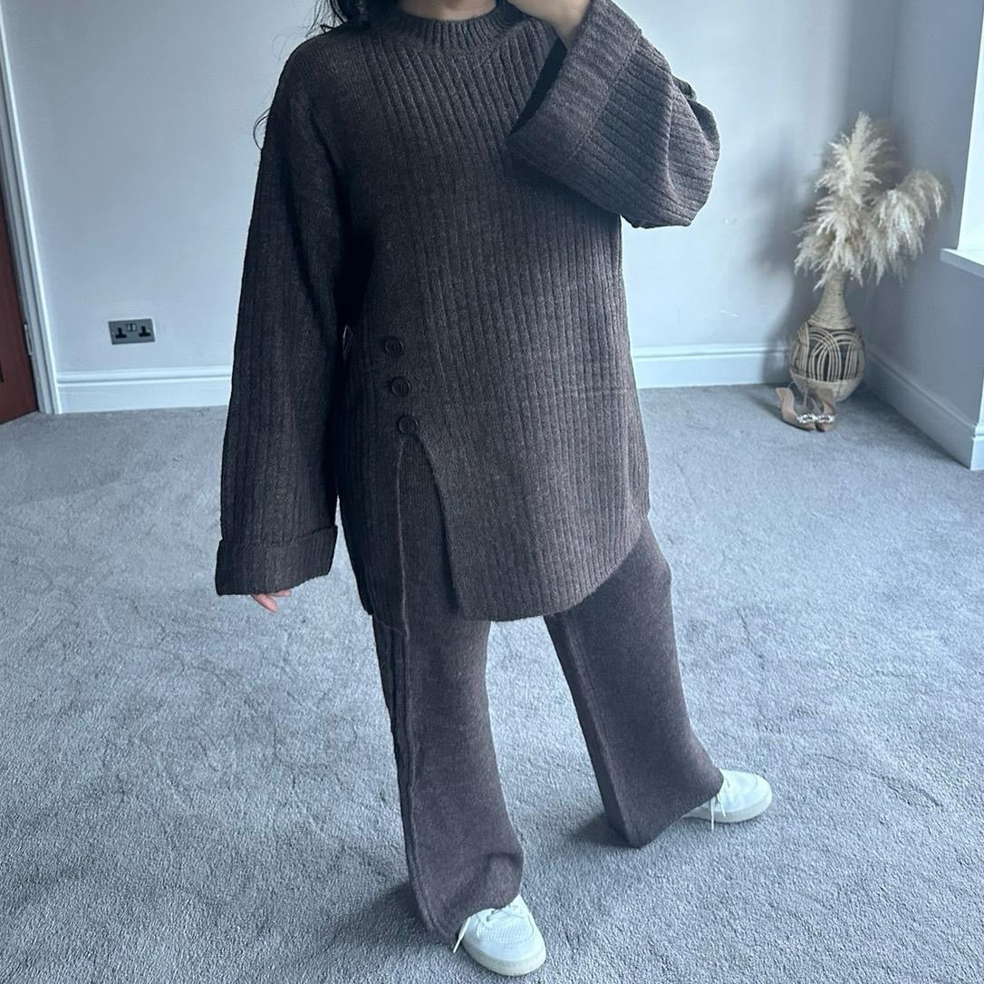 Premium Knit Side Slit Button Matching Winter Coord Set - Modest Womenswear