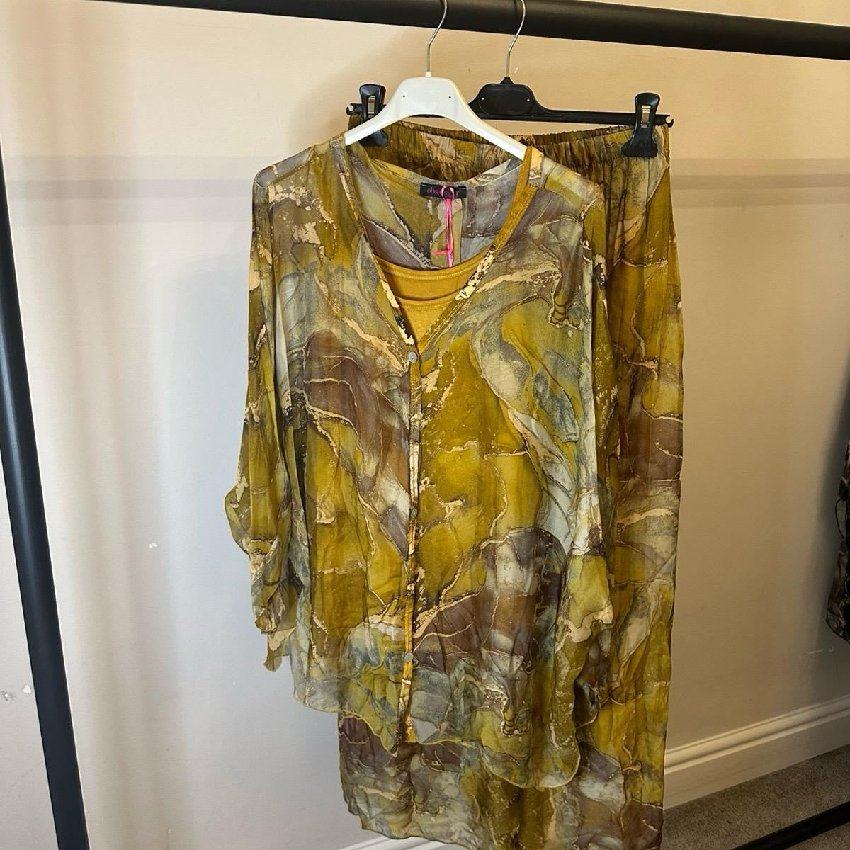 Marble Print Top & Pants Silk Chiffon Matching Coord Set - Elegant Clothing