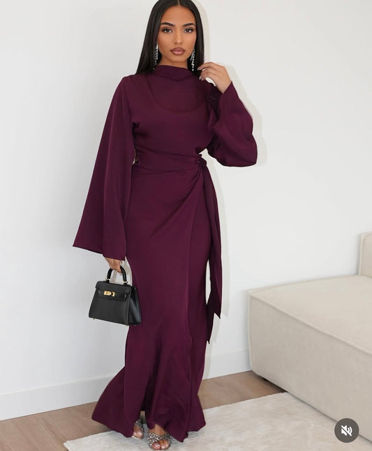 KIKI Side Knot Premium Dress - Elegant Maxi with Bell Sleeves
